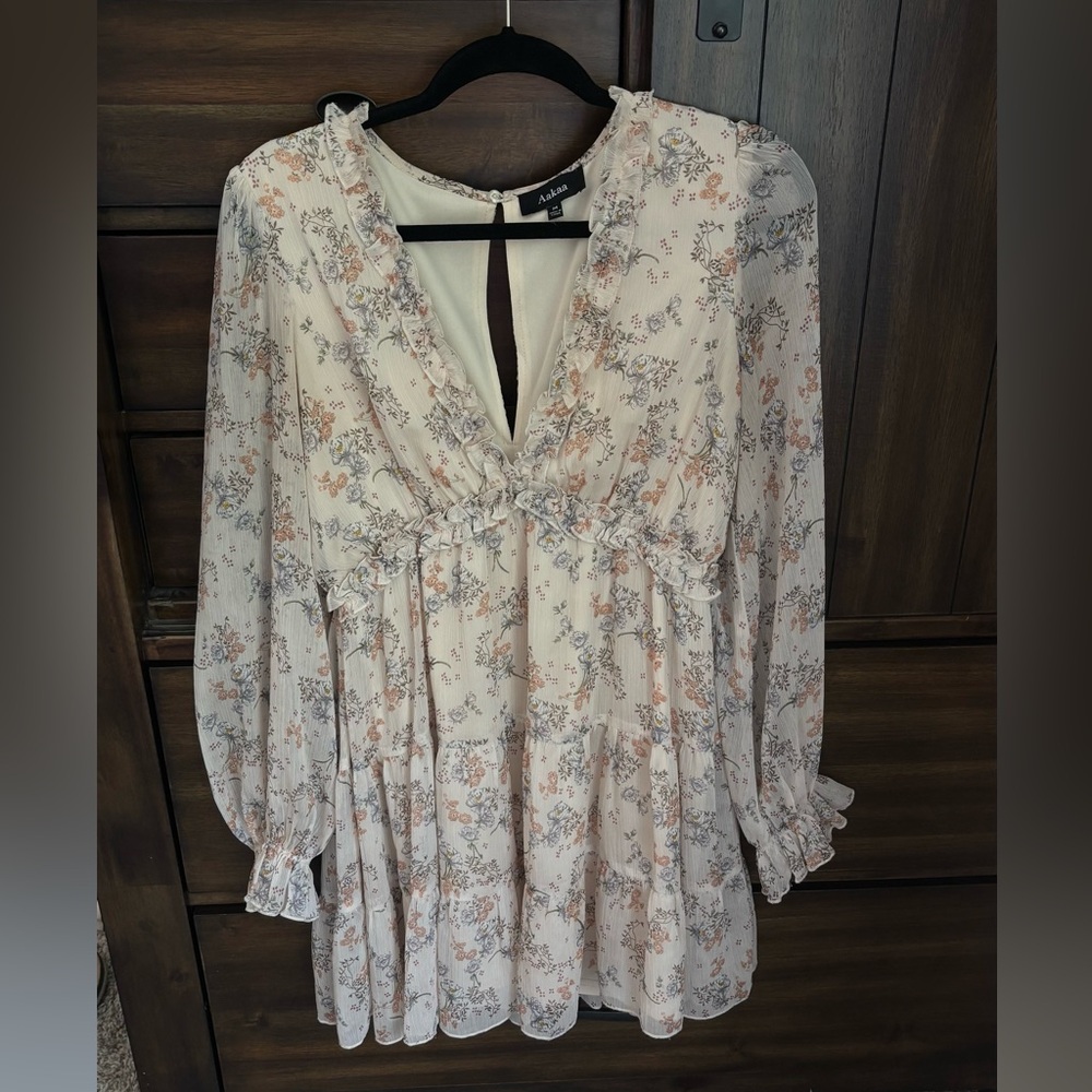 Aakaa Cream Floral Ruffle Dress